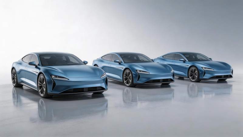 三辆蓝色流线型电动轿车并排展示图片