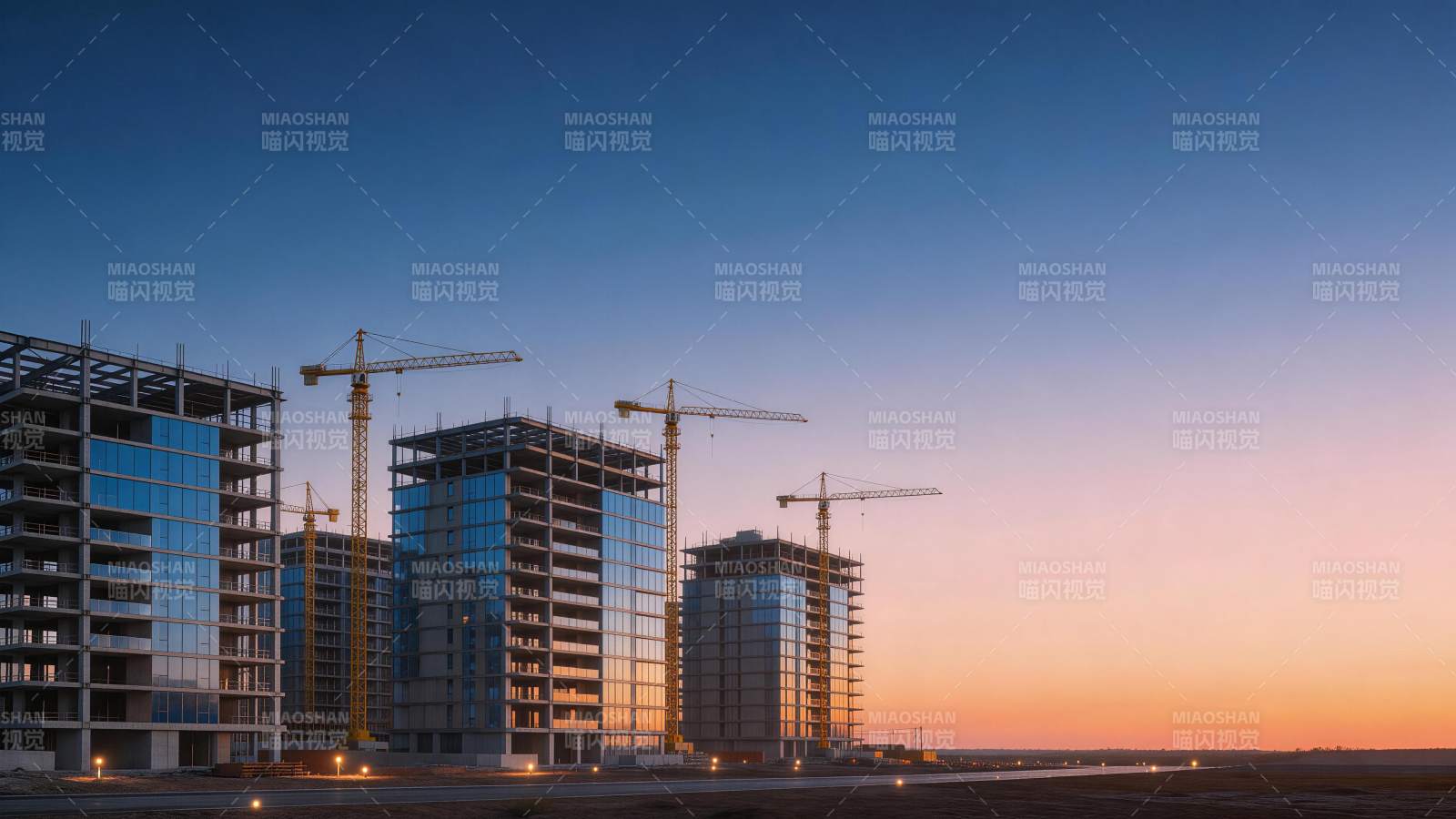 黄昏时分在建高层建筑群与塔吊作业场景图片