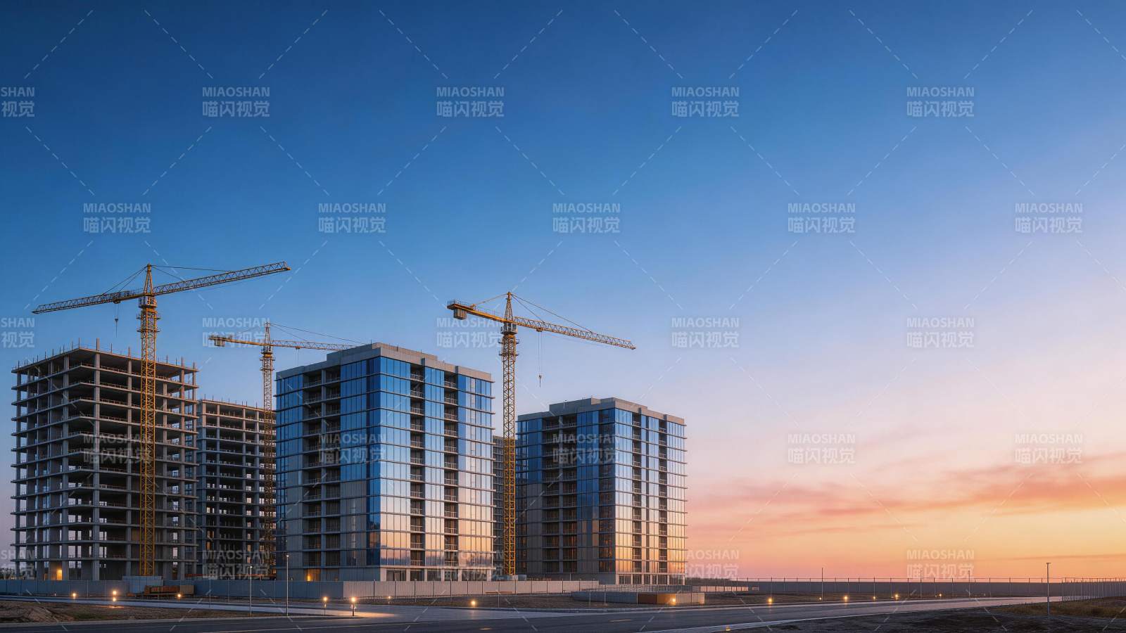 黄昏时分在建高层建筑与塔吊工地实景图片