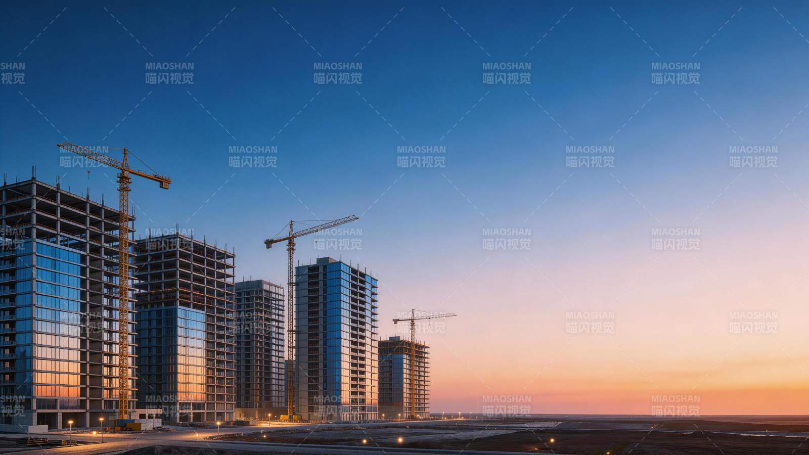 黄昏时分在建高层建筑群与塔吊作业场景图片