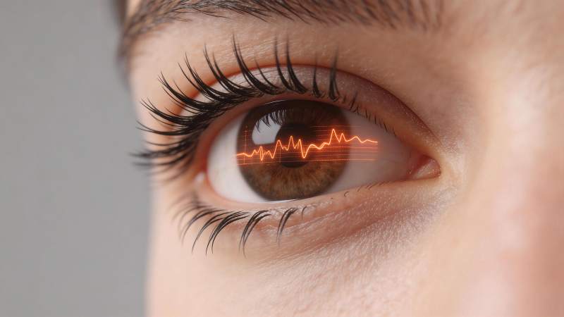 人眼虹膜中显示橙色心电波形图案图片