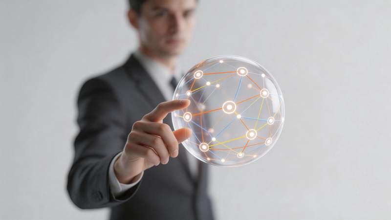 商务人士触碰发光网络连接球体图片