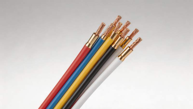 五色绝缘电缆端部铜芯与金属接头特写图片