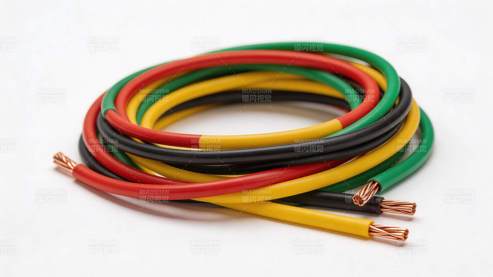 红黄绿黑四色绝缘铜芯电线盘绕特写图片