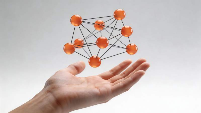 手掌托举橙色球体连接网络结构模型图片