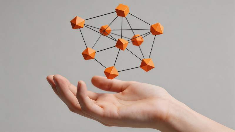 手掌托举橙色几何网络结构模型图片