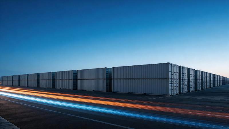 黄昏时分货柜堆场与车灯轨迹长曝光景象图片