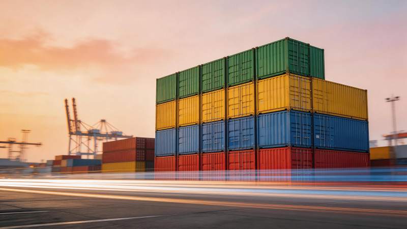 港口集装箱堆叠与车流光轨夜景图片