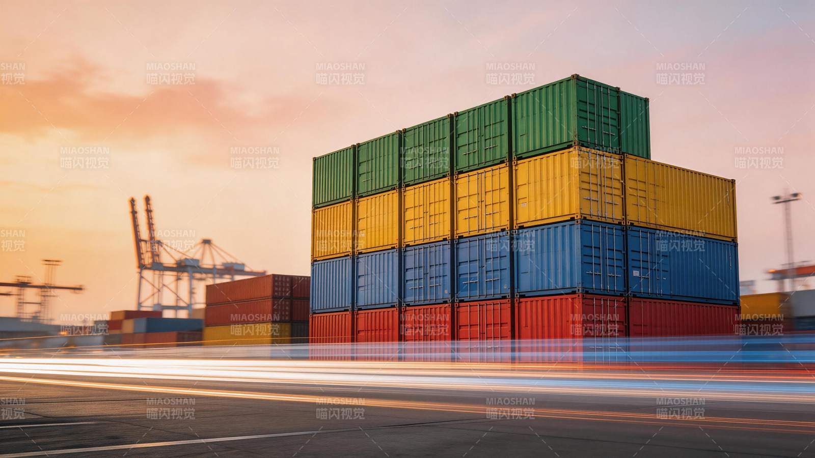 港口集装箱堆叠与车流光轨夜景图片