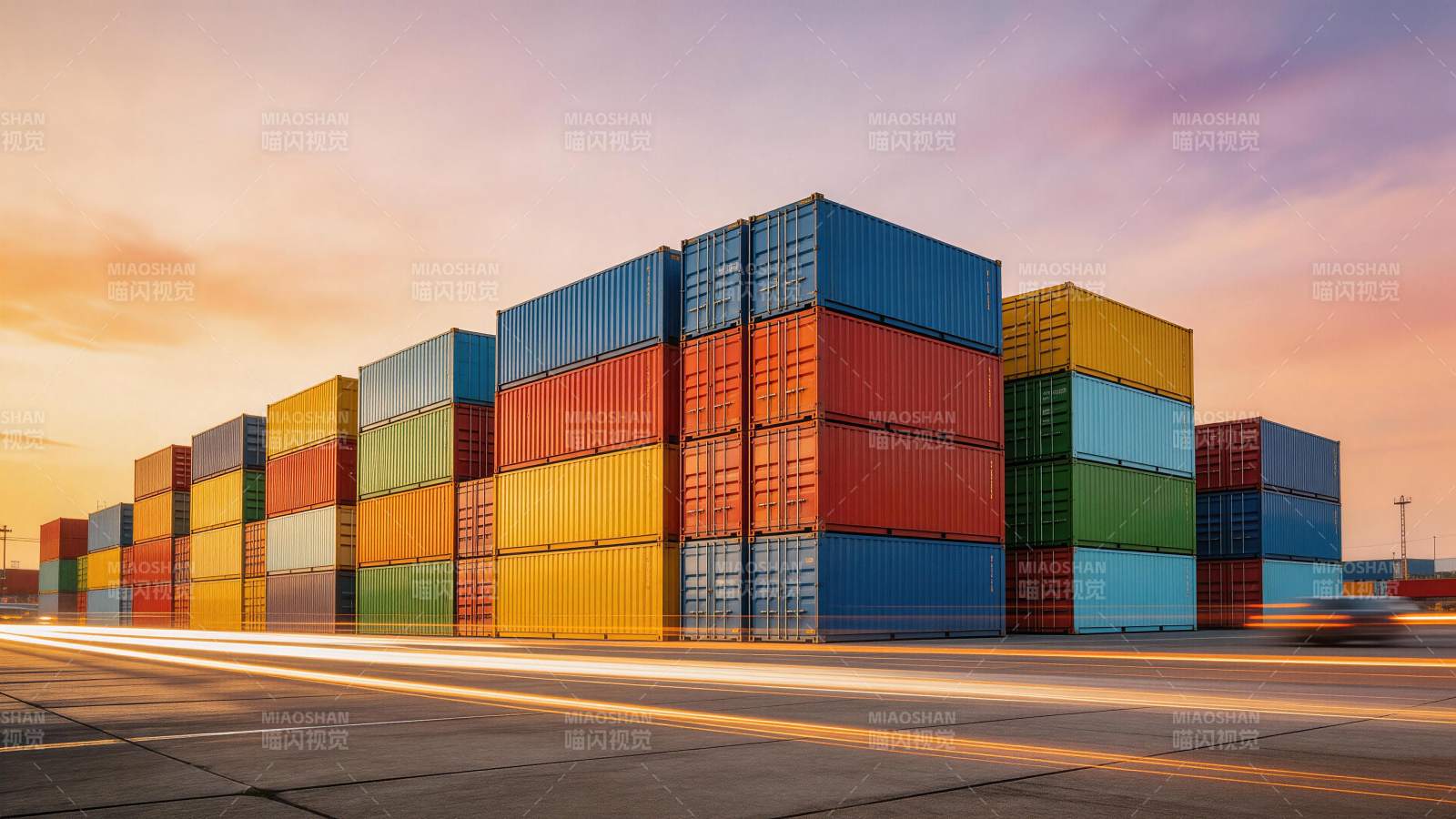夕阳下堆叠的彩色集装箱与车流光轨图片