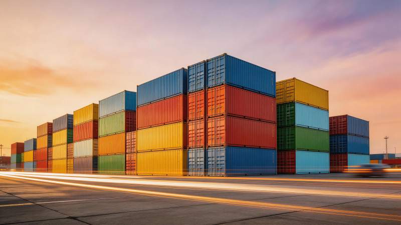 夕阳下堆叠的彩色集装箱与车流光轨图片