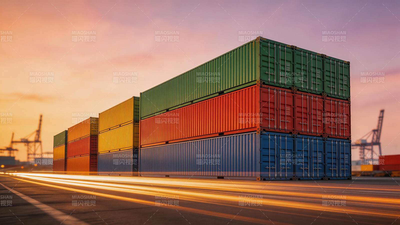 港口集装箱堆叠与车流光轨夜景图片