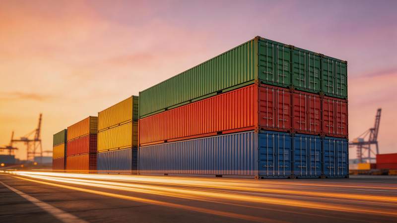 港口集装箱堆叠与车流光轨夜景图片