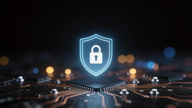 电路板上发光的盾牌锁形安全图标图片