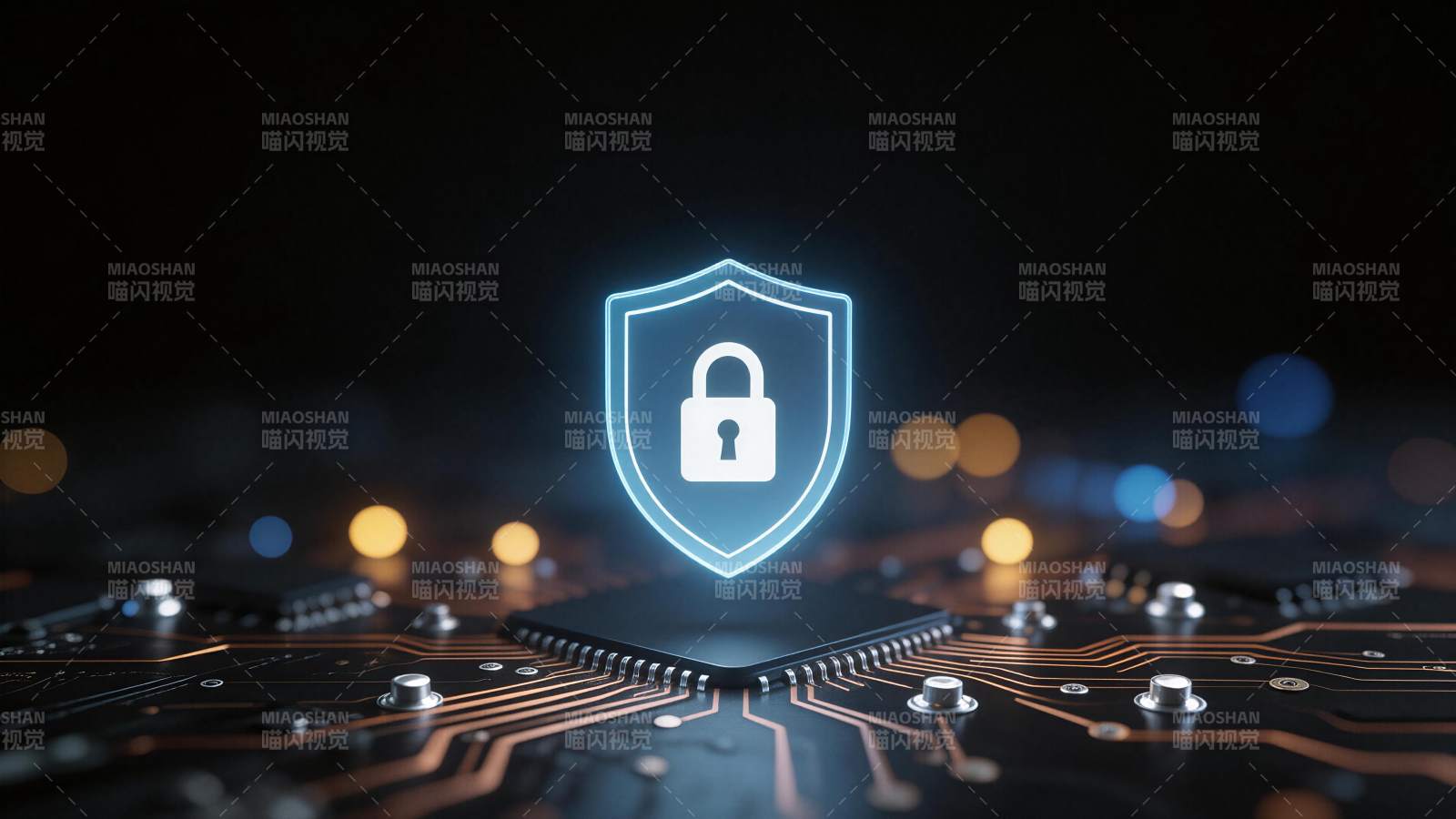 电路板上发光的盾牌锁形安全图标图片