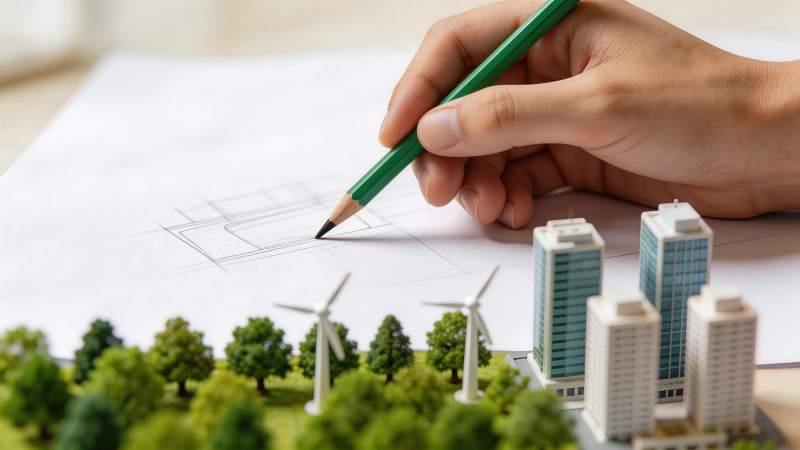 手绘城市规划图与建筑模型风力发电场景图片