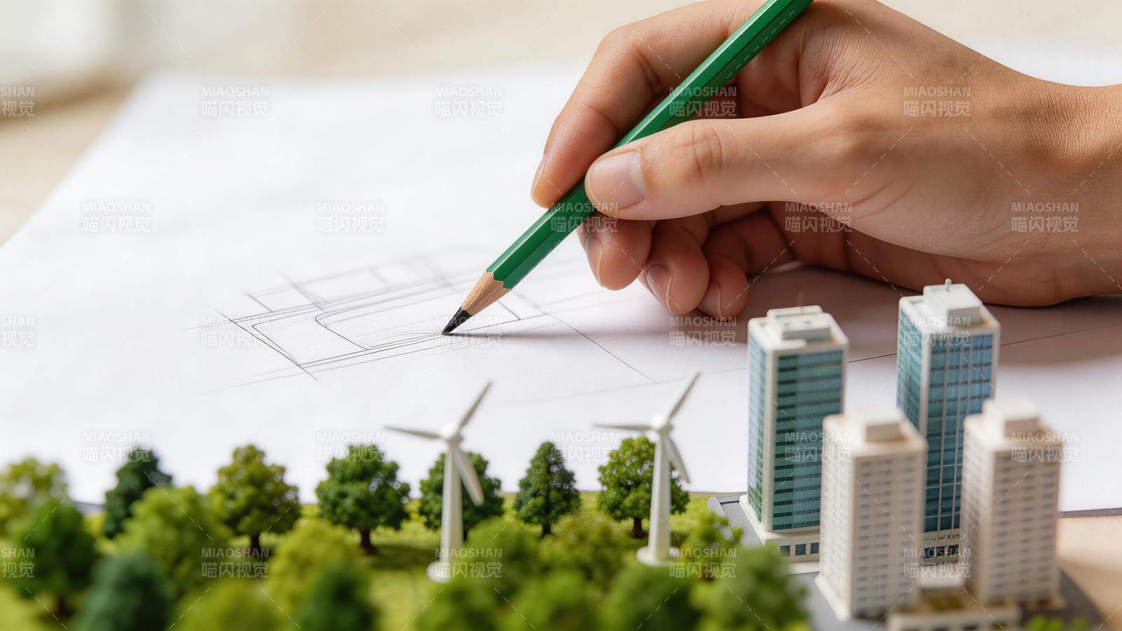 手绘城市规划图与建筑模型风力发电场景图片