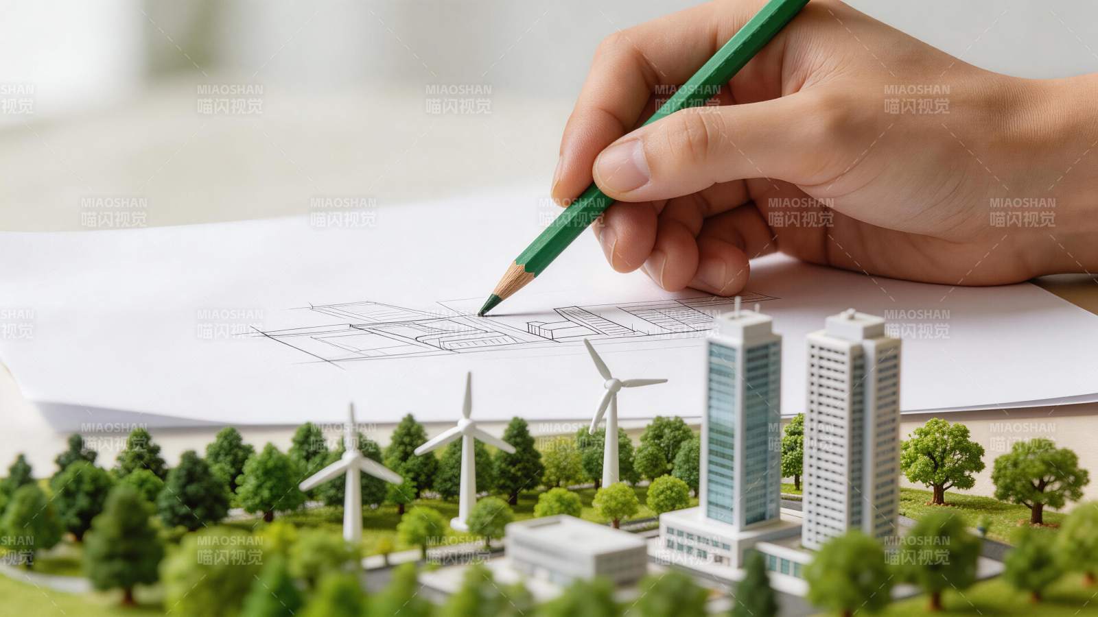 手绘建筑图纸与城市模型微缩景观展示图片