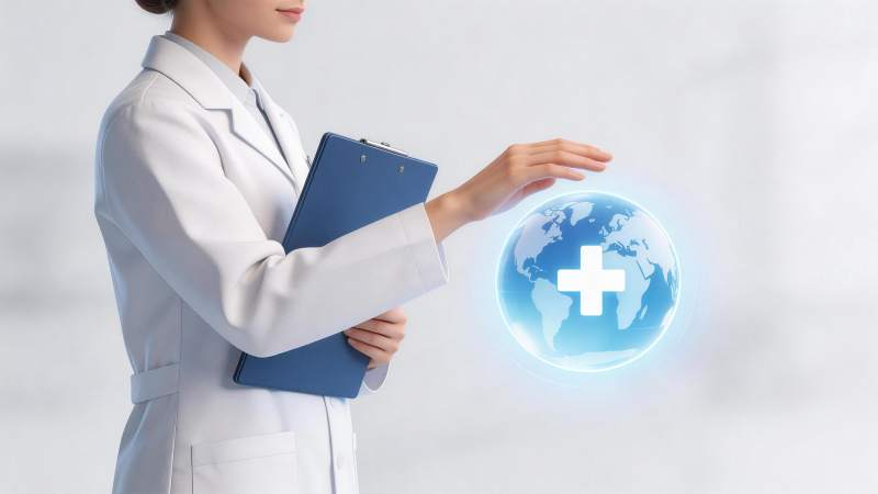 医生手持病历夹触碰发光地球医疗图标图片