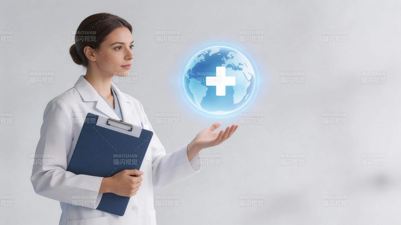 女医生手持病历夹展示发光地球医疗图标图片