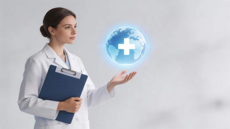 女医生手持病历夹展示发光地球医疗图标图片