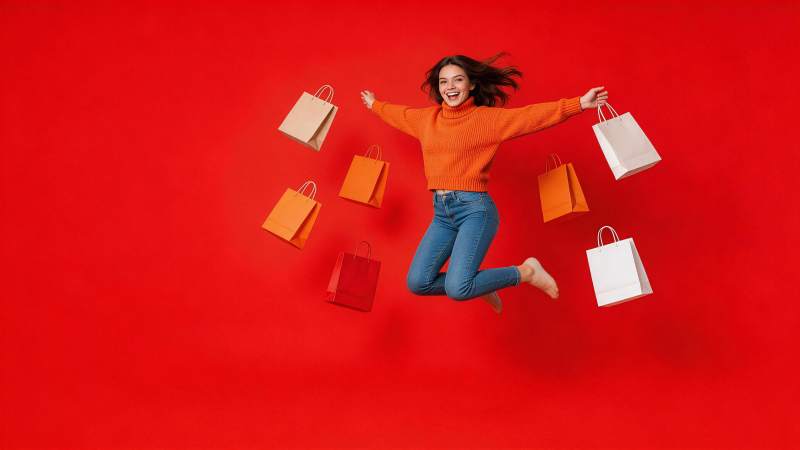 女子跳跃中手持多个购物袋背景为红色图片