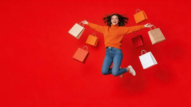 女子跳跃手持多个购物袋背景为红色图片