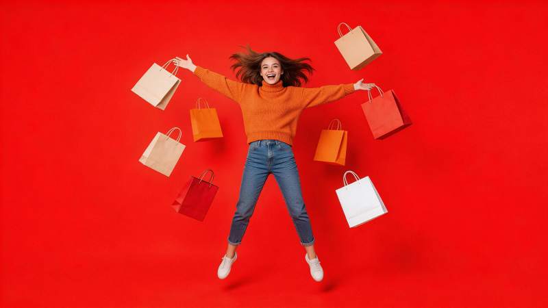 女子跳跃中抛洒多个购物纸袋的瞬间图片