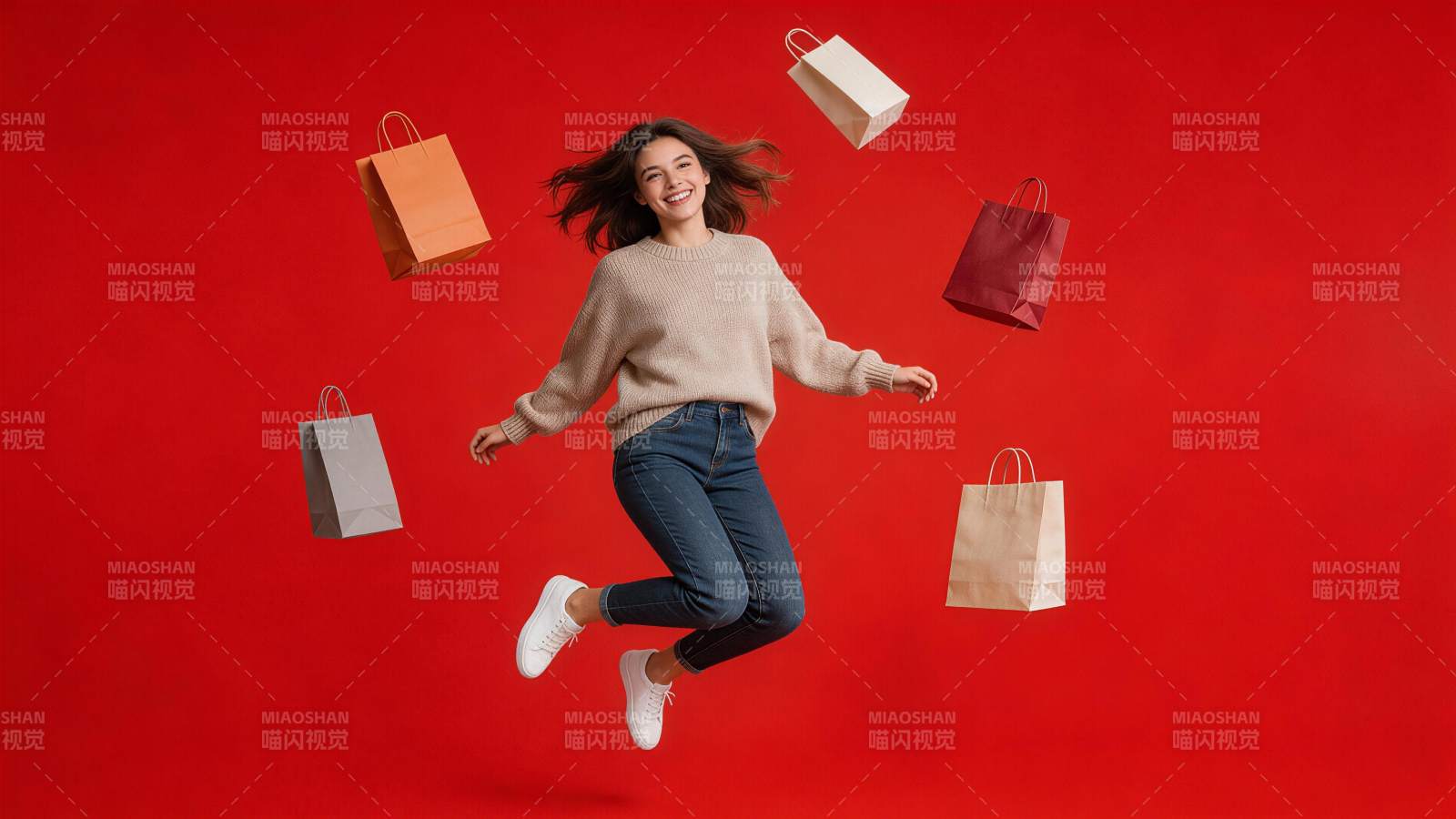 年轻女子跳跃中 surrounded 多图片