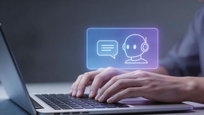 人手操作笔记本电脑与虚拟客服图标交互图片