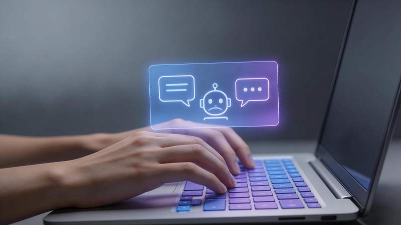 双手操作笔记本电脑与悬浮对话机器人界面图片