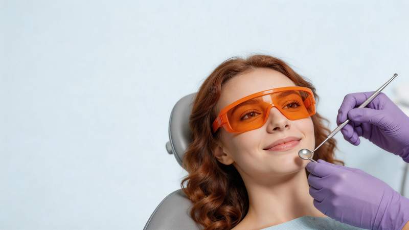 红发女子戴橙色护目镜接受牙科检查图片