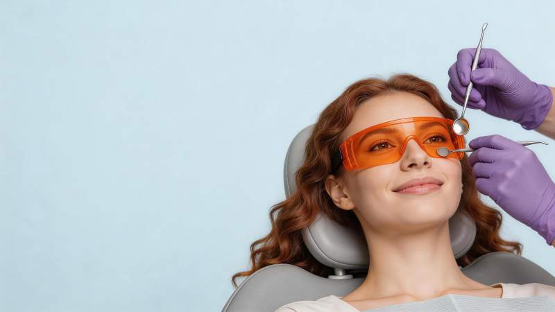 红发女子戴橙色护目镜接受牙科检查图片