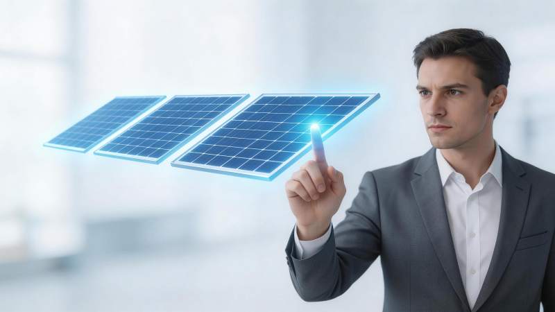 商务人士触控悬浮太阳能电池板界面图片