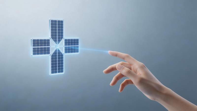 手指触碰发光十字形太阳能板装置图片