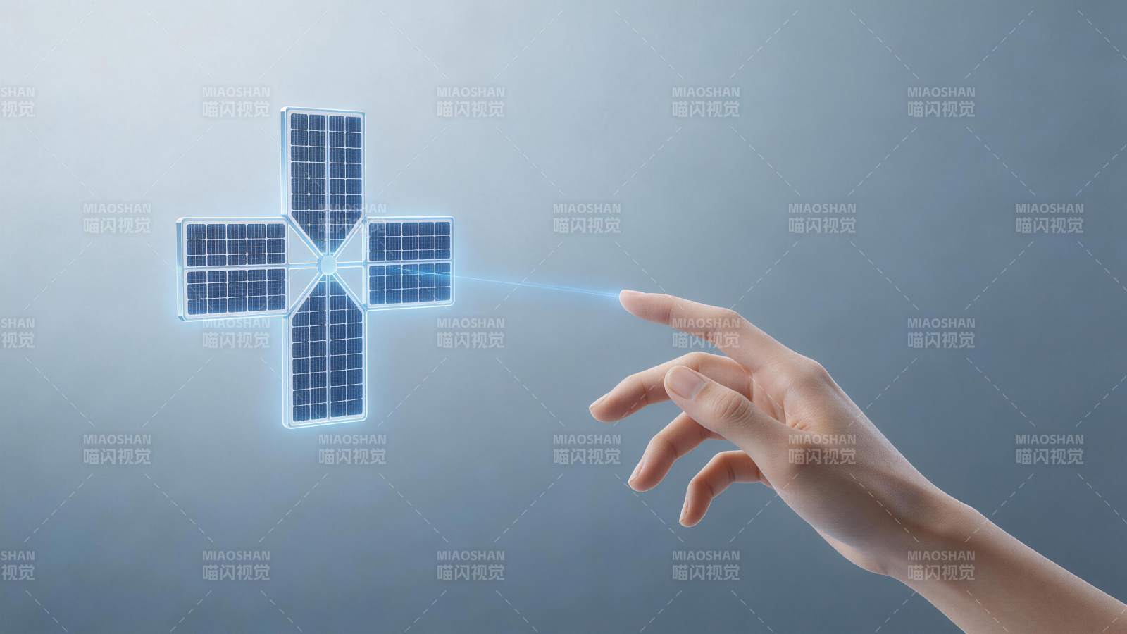 手指触碰发光十字形太阳能板装置图片