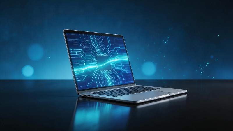 银色笔记本电脑屏幕显示蓝色电路板图案图片