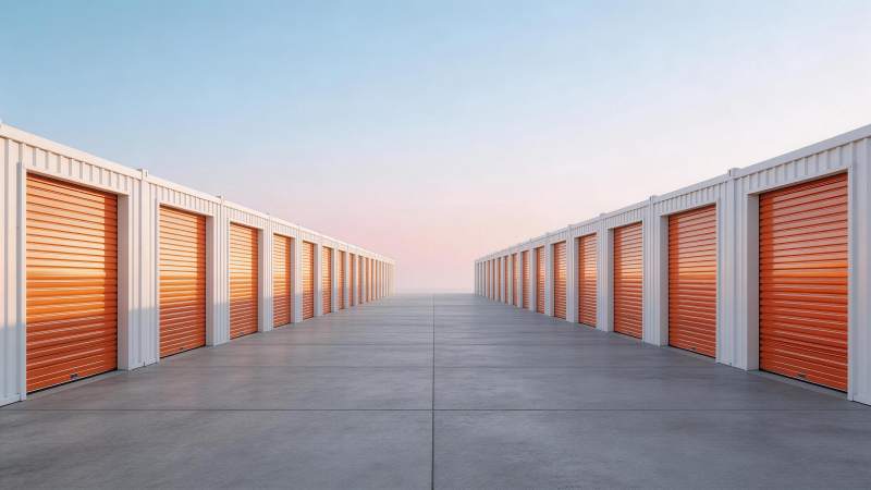 成排橙色卷帘门自助仓储单元通道图片