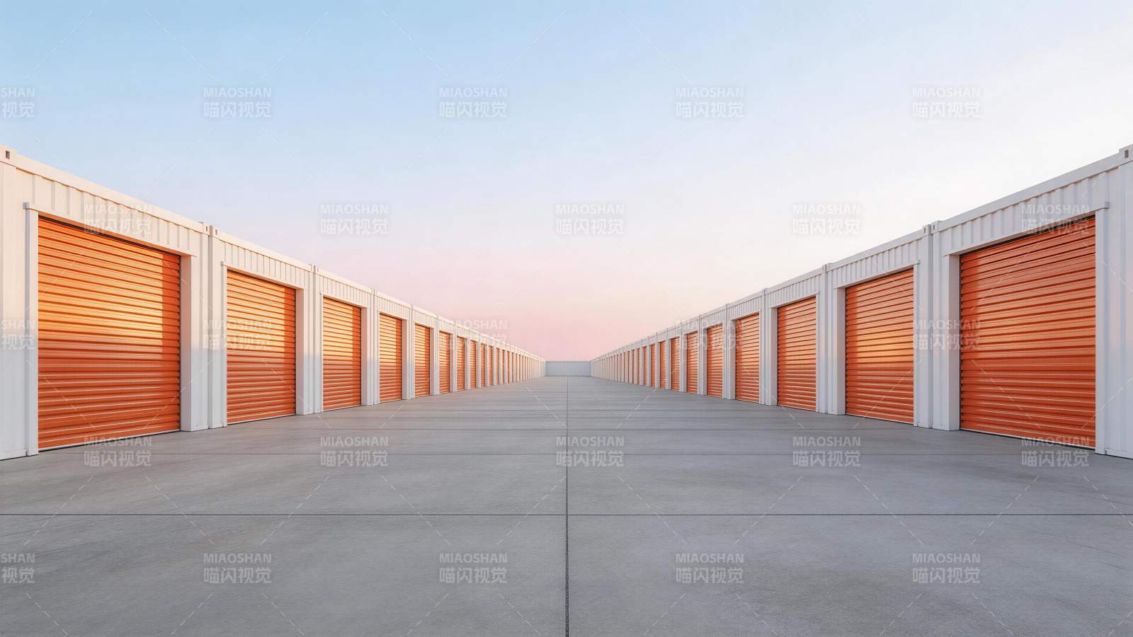 橙色卷帘门整齐排列的仓储单元通道图片