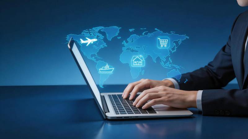 商务人士使用笔记本电脑操作全球网络服务图片