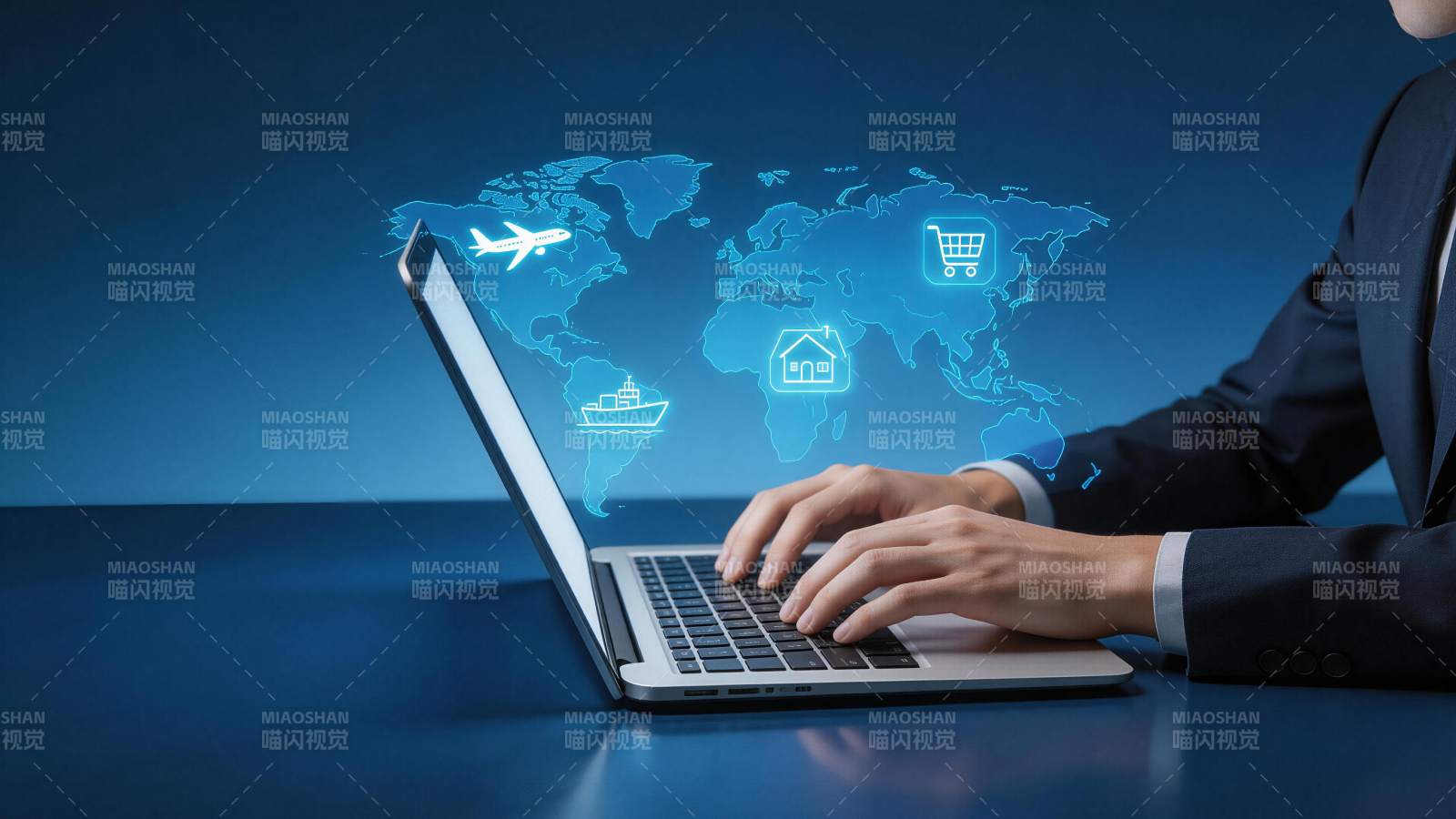 商务人士使用笔记本电脑操作全球网络服务图片