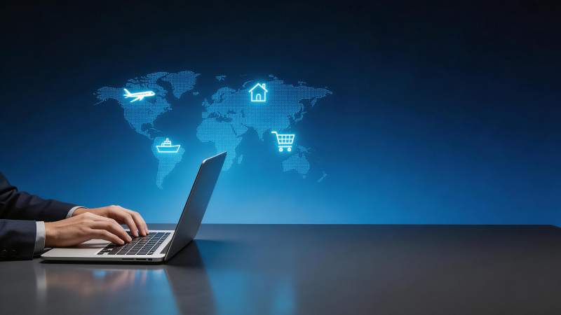 商务人士使用笔记本电脑连接全球网络服务图片