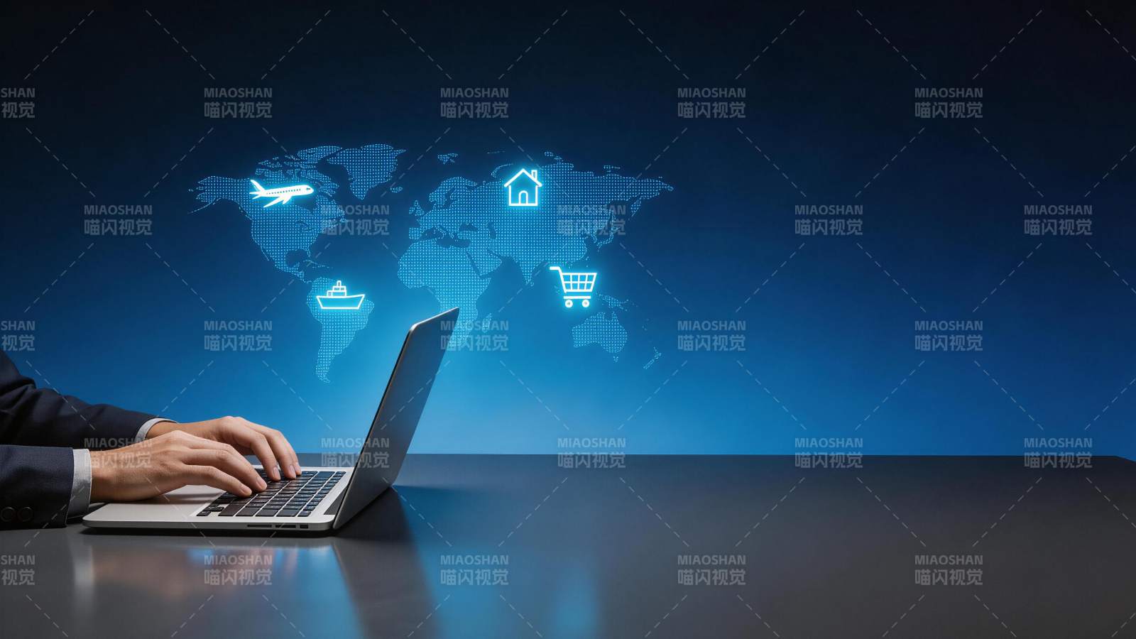 商务人士使用笔记本电脑连接全球网络服务图片