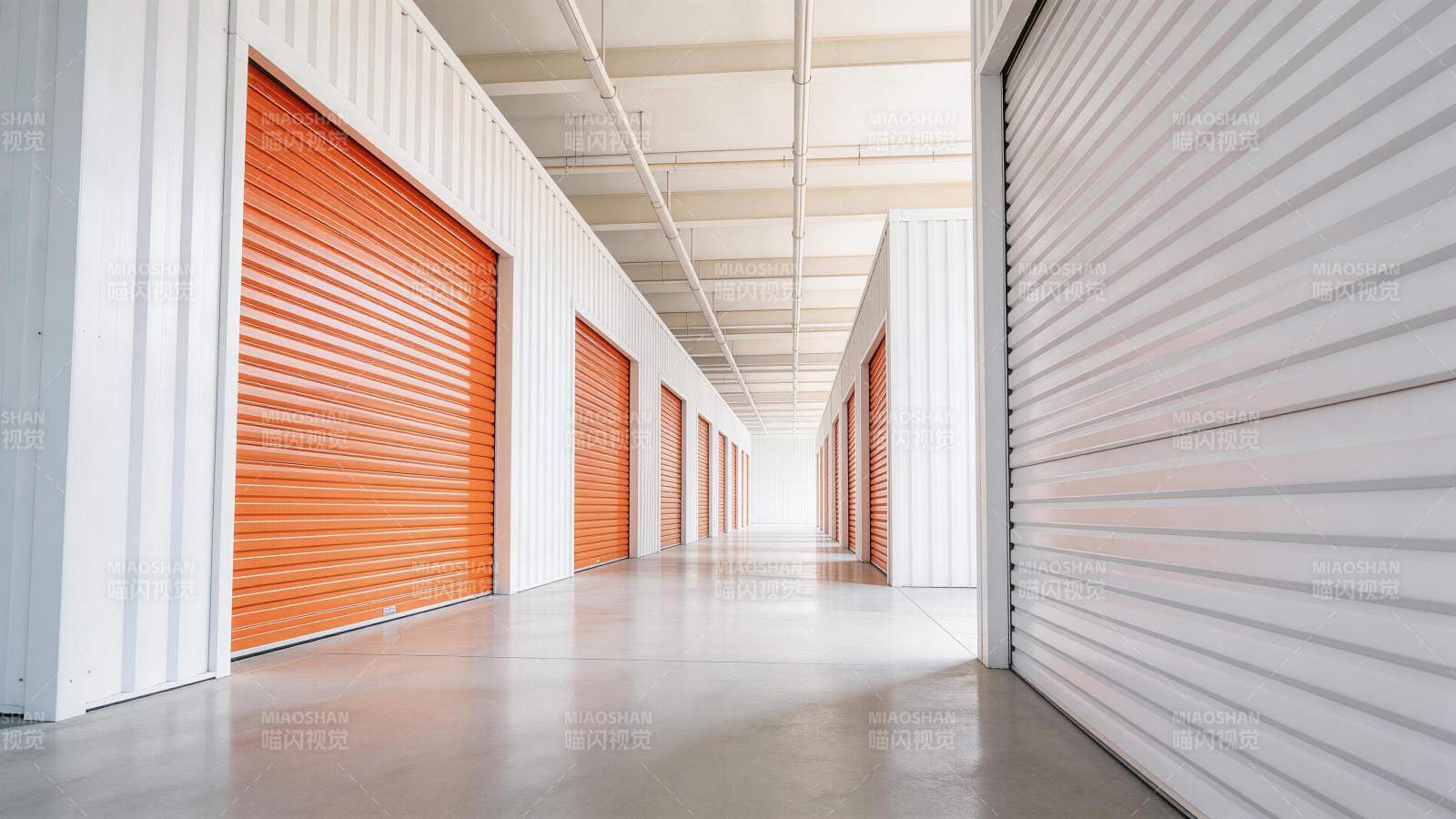 白色仓储走廊橙色卷帘门整齐排列图片