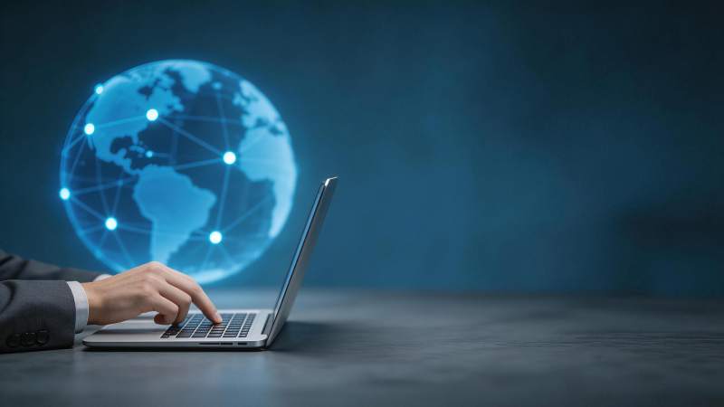 商务人士使用笔记本电脑连接全球网络图片