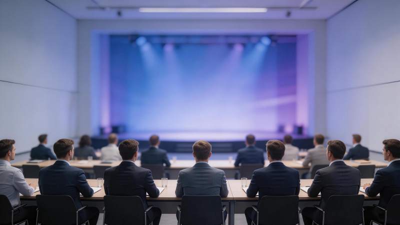 多人背对镜头坐在会议桌前面向舞台图片