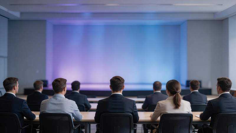 多人背对镜头坐在会议桌前观看舞台投影图片