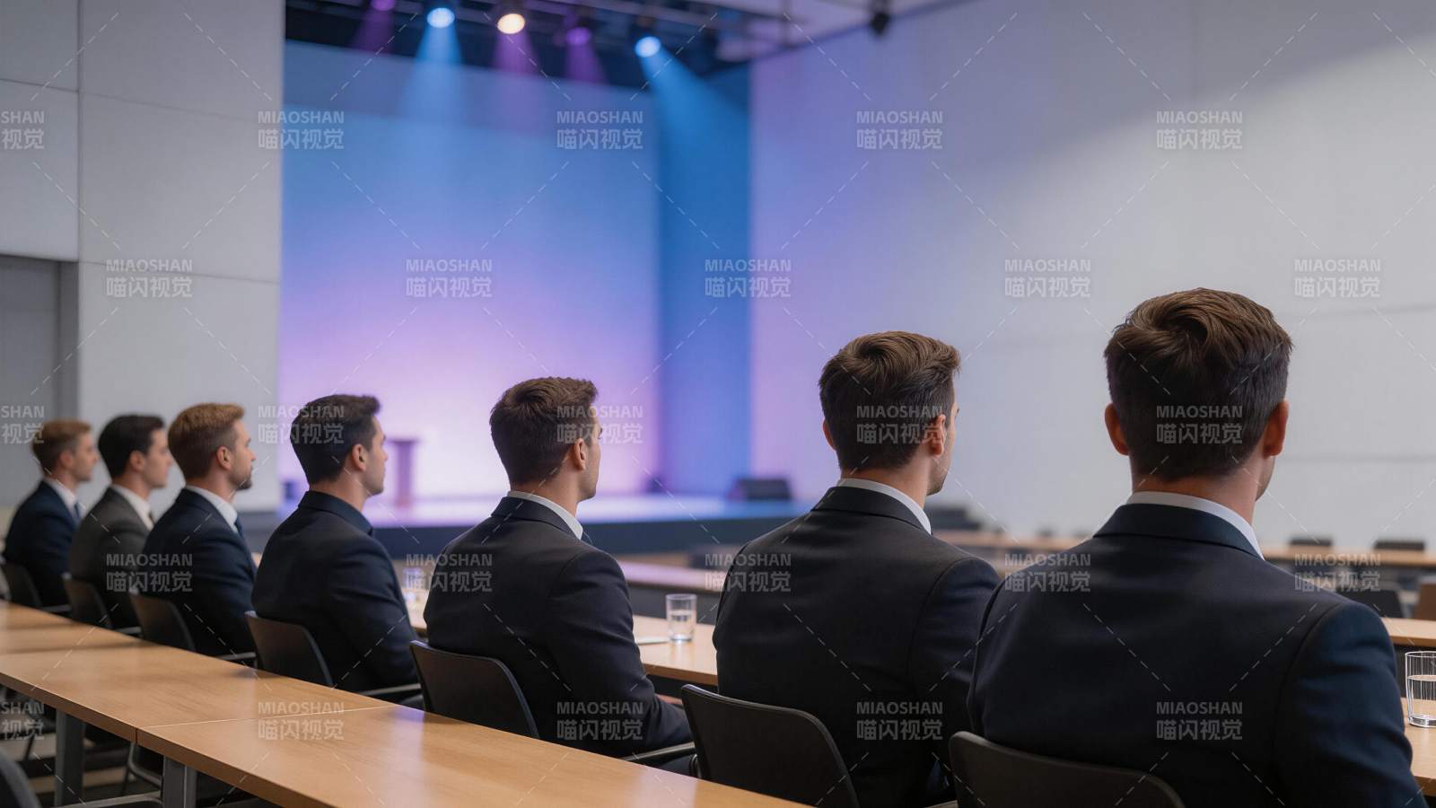 多位西装男士背对镜头坐在会议厅听讲图片