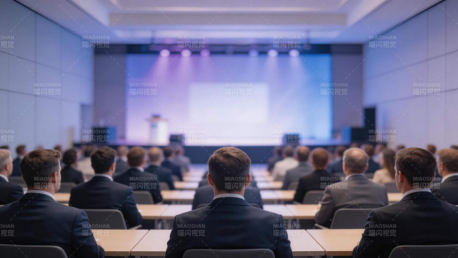 会议厅内多人背对镜头聆听演讲图片