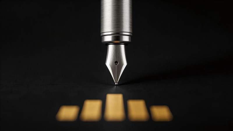 钢笔尖悬停于金色条形图表上方图片